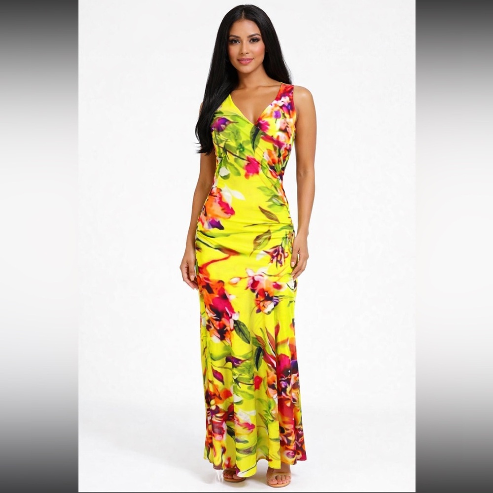 NEW DIRECTIONS Neon Lime Green Hawaiian Floral  Ruffle Wrap Front Dress S NWOT